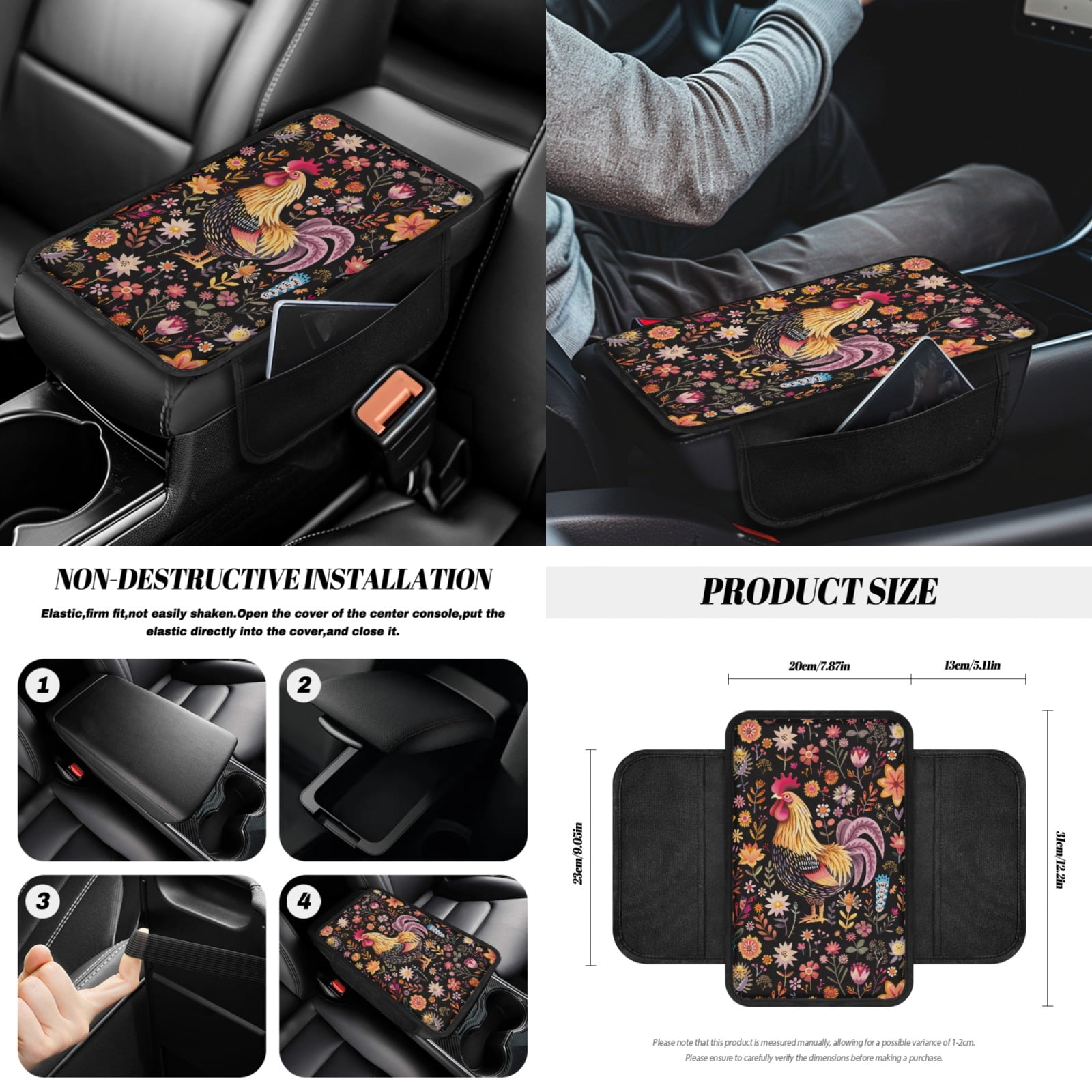 Yuyamidu 14 PCS Chicken Car Seat Cover Full Set with Steering Wheel Cover Floral Seat Belt Cover Cross Trash Can Rear View Mirror Cover Coaster Center Console Cover Gear Shift Knob Cover Set