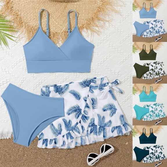 RTKFRFLM Girls Ruffle Bikini Set 3-Piece Fashionable Beach Bathing Suit Light Blue 11Y