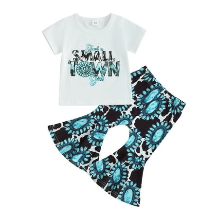 

Western Toddler Baby Girl Summer Outfits Cowgirl Short Sleeve T-Shirt Tops Flare Pants 2Pcs Clothes Set