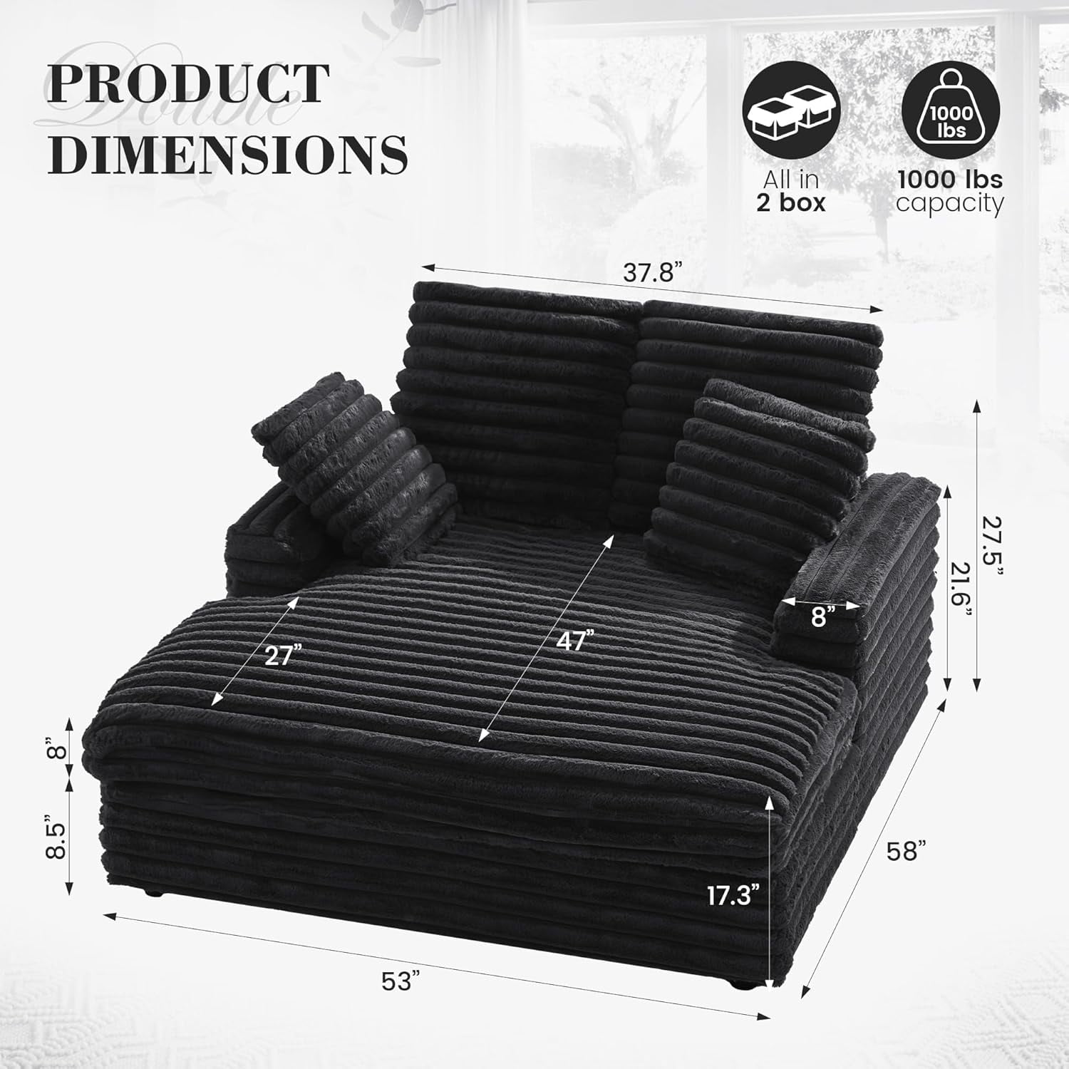 Gelloan Oversized Chaise Lounge Chair Indoor, Upholstered Sofa Bed with Throw Pillows and Armrests, Sleeper Chair for Living Room, Bedroom,Black