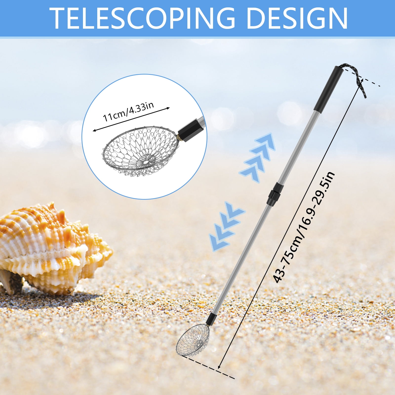 Protoiya 2Pcs Sand Sifters 21.3 to 32.6inch Adjustable Telescoping Beach Shovel Seashell Hunting Rocks Sifting Tool Portable Detachable Shark Teeth Sifter Beach Scoop for Beach Travel