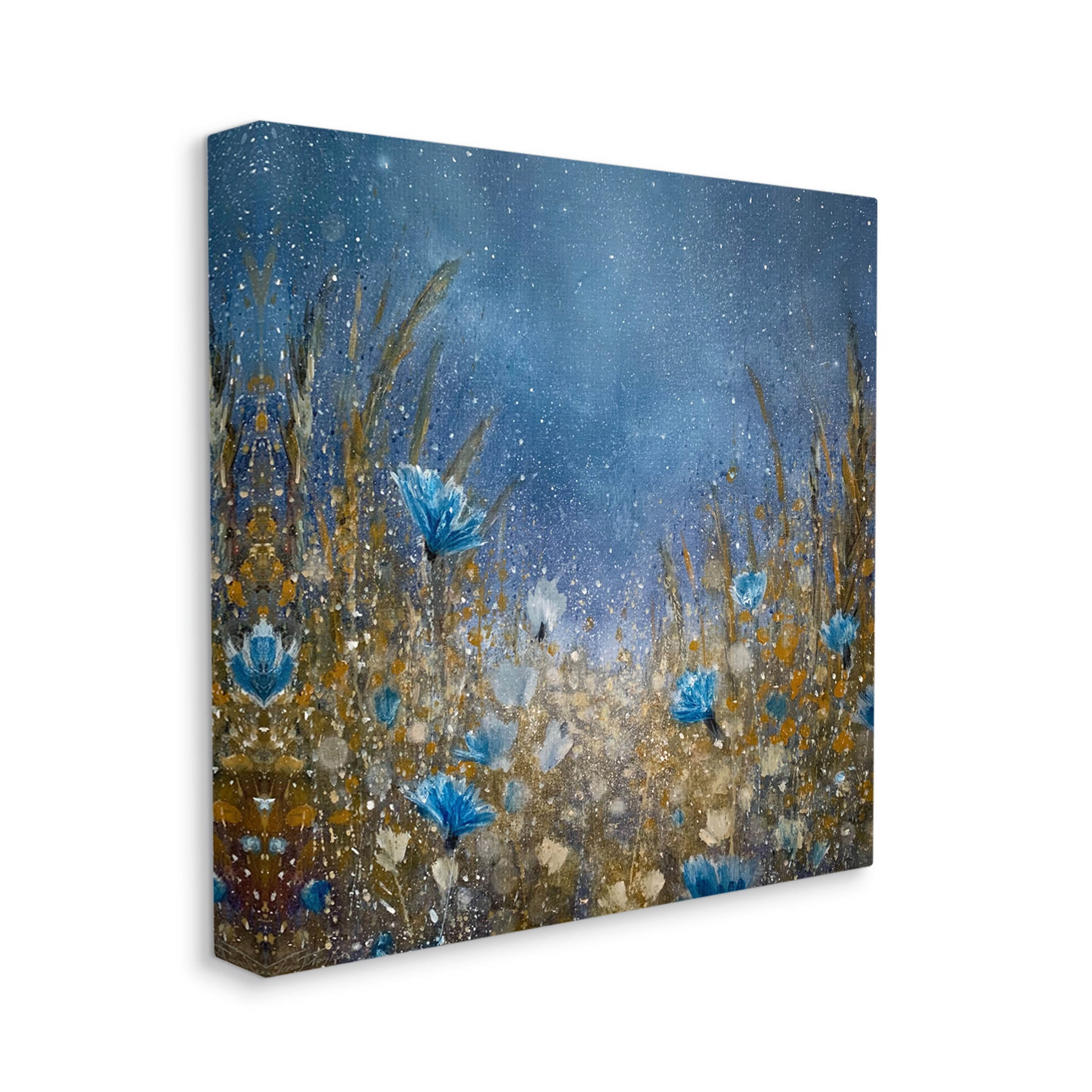 Deep Blue Botanical Meadow Grass Landscape Painting Gallery Wrapped Canvas Print Wall Art