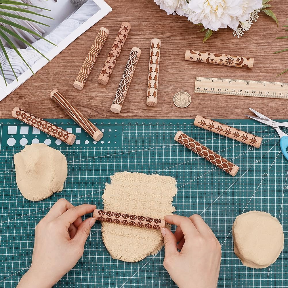 10Pcs Wooden Clay Texture Rollers Set for Pottery 10 Styles Ceramics Potters Stamp Roller Tools 102mm Textured Rolling Pins Modeling Pattern Rollers Kit for DIY Handmade Art Supplies Colorful