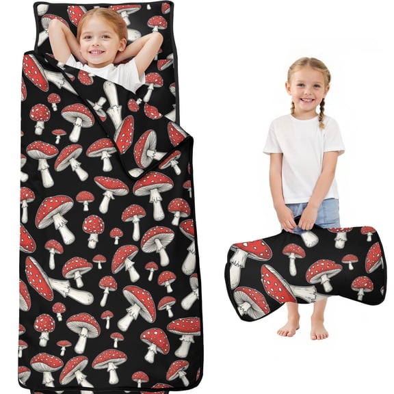 Mushroom and Toadstool Black Pattern Teens Toddler Nap Mat with Pillow, Sleeping Mat Bag for Preschool Daycare 59"x22"