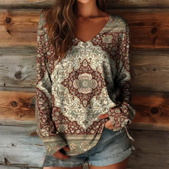 FNFYFH Long Sleeve Shirt for Women Oversized V Neck Floral Print Tops Spring Blouse Soft Basic Tee