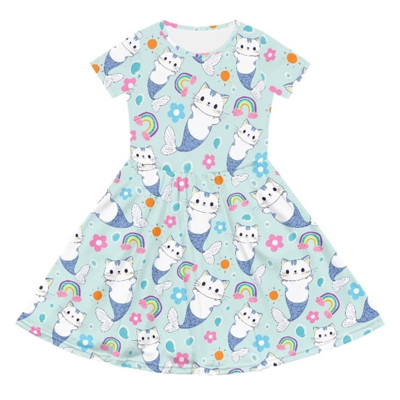Toddler Girl Dress Kids Cartoon Print Short Sleeve Playful Summer Day Comfortable Twirl Midi Dress Girls Dresses Light Blue 9-10Y