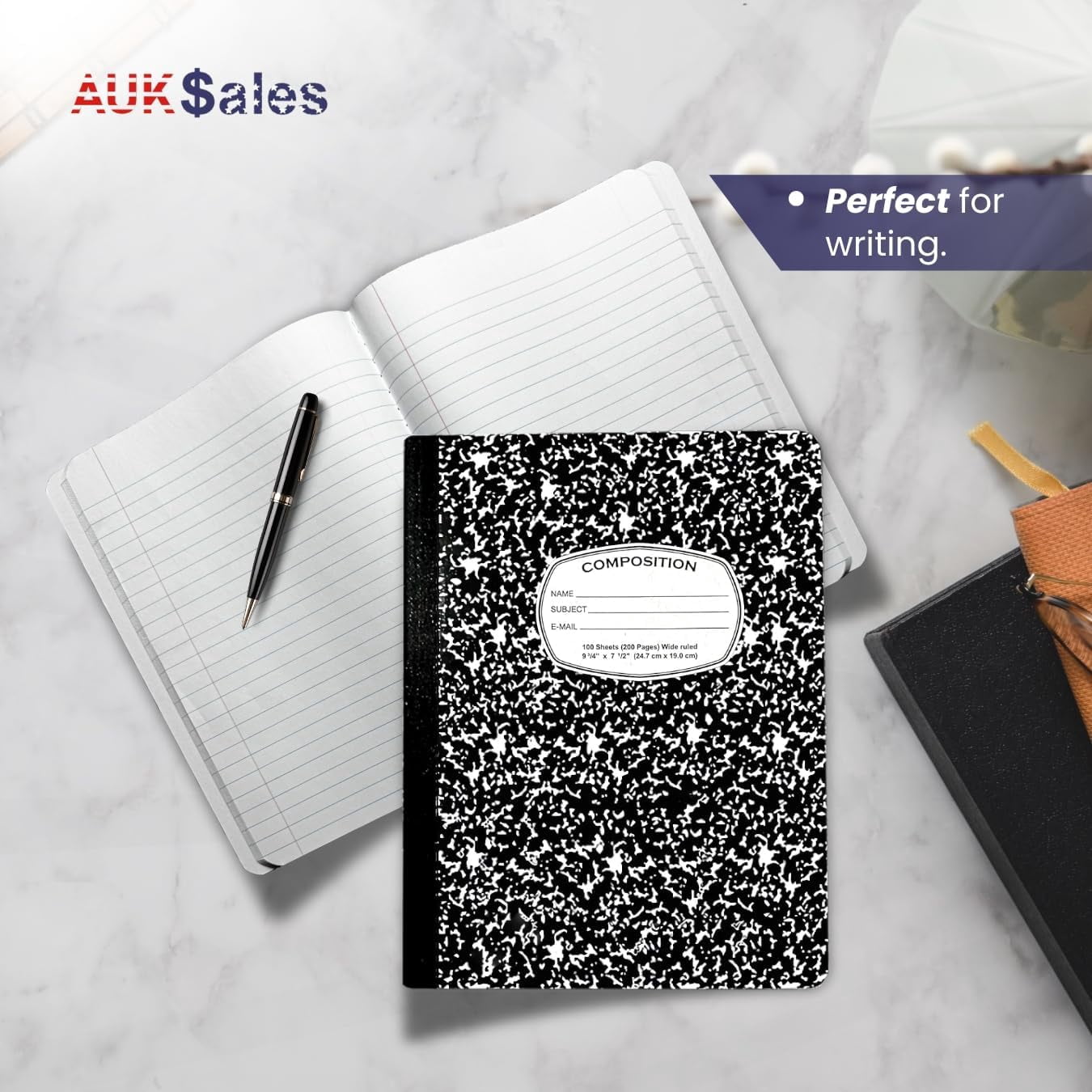 AUKSales Composition Book Wide Ruled 100 Sheet Black Marble Notebook, 6-Pack