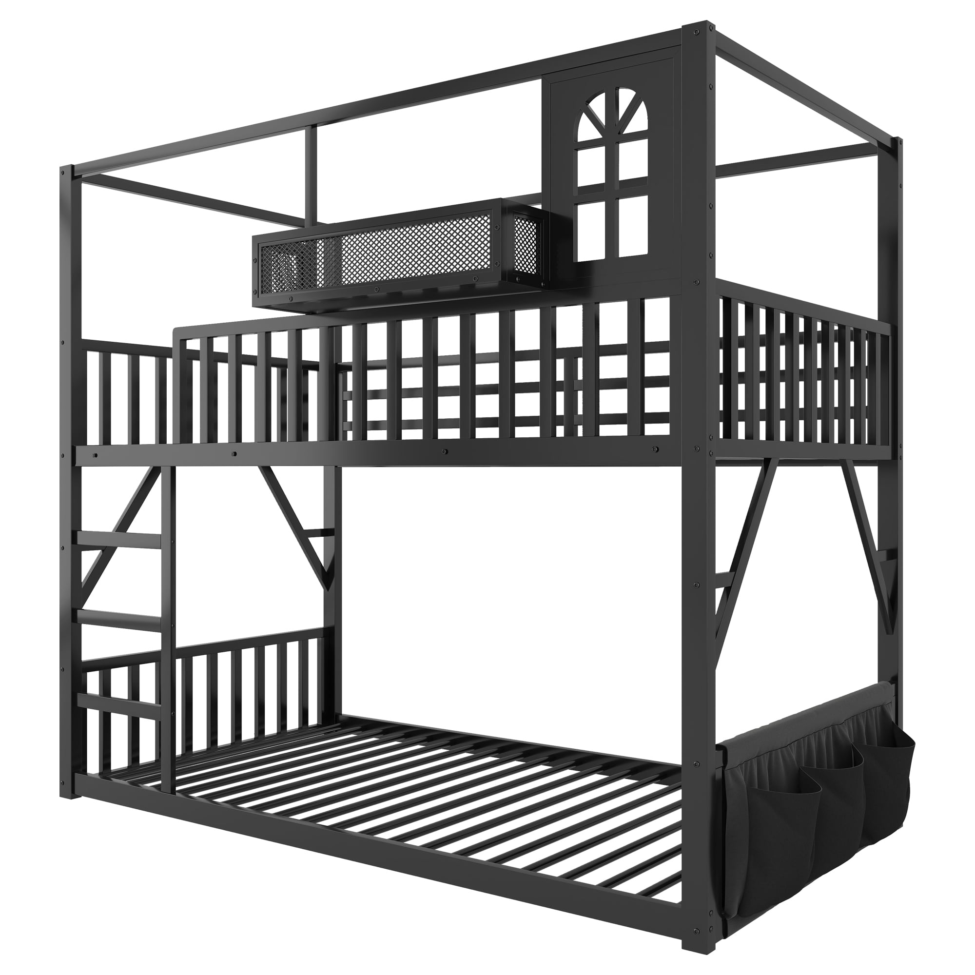 HOQBN Floor Bunk Bed Twin Over Twin,Metal Low Bunk Bed Frame with Storage Shelves and Storage Bag,Black