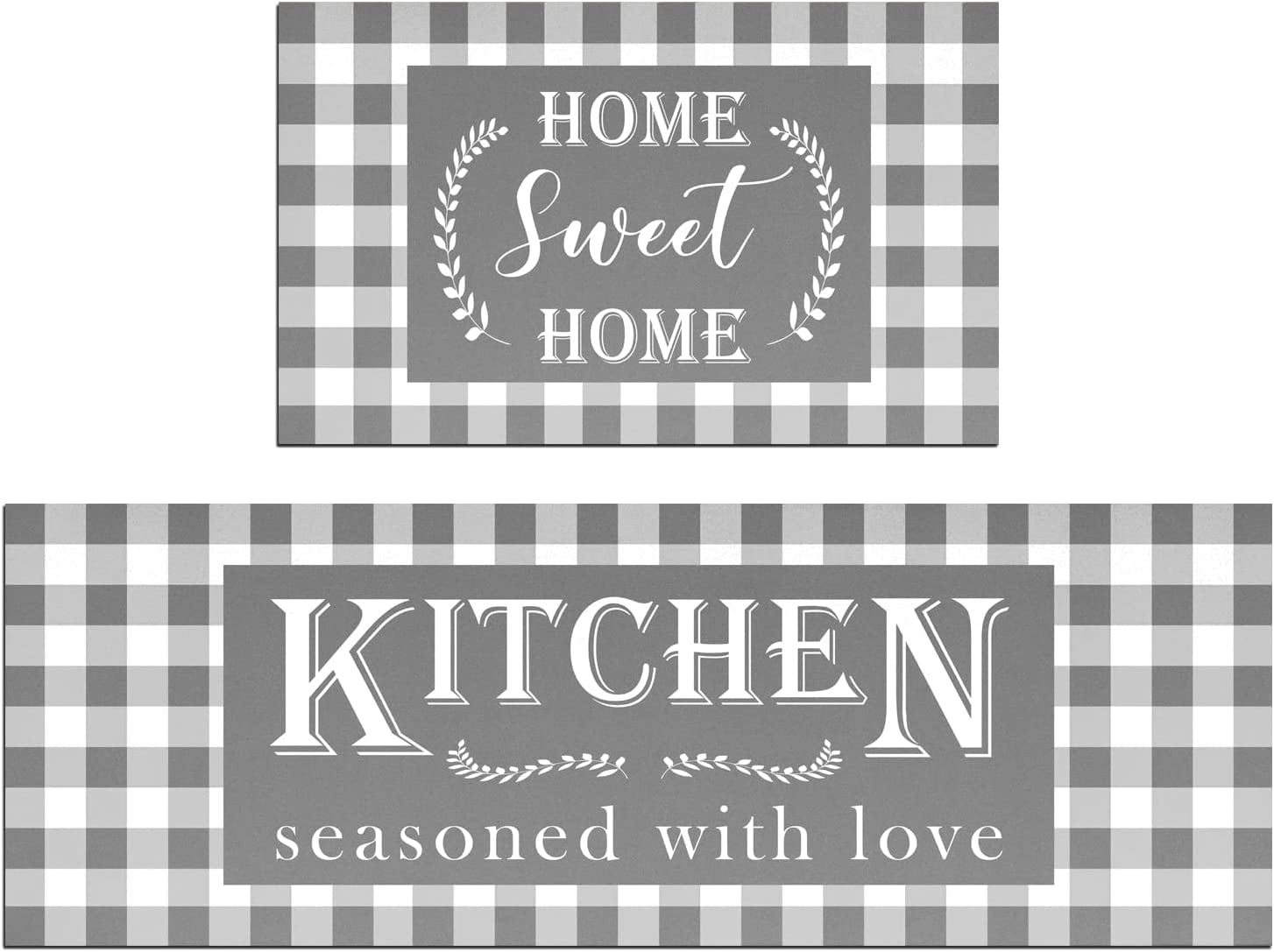 Grey Buffalo Plaid Kitchen Mat Set of 2 Non Slip Thick Kitchen Rugs and