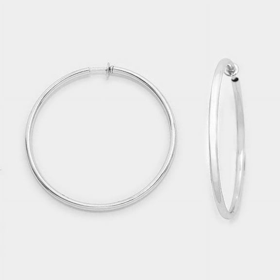 Clip on 1 1/4" shiny silver spring back hoop earrings