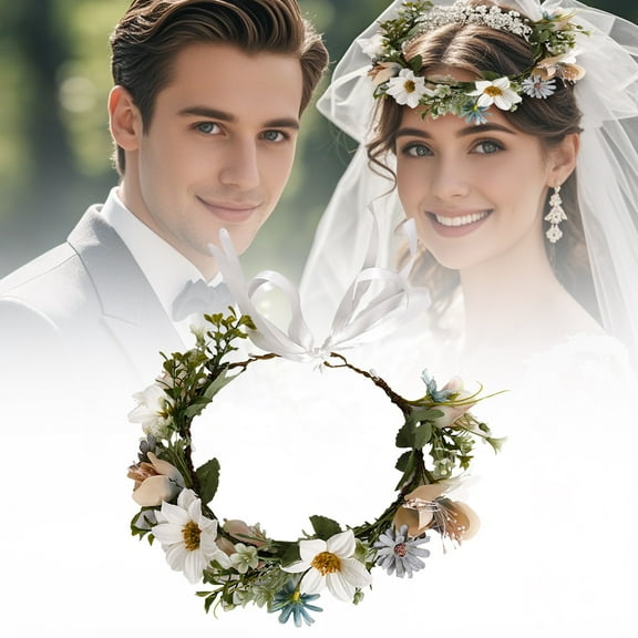 1 Hairband Wreath Prop Women Flower Headband Crown Headpiece Hair Wreath with Ribbon Wedding Prom Photos Festival