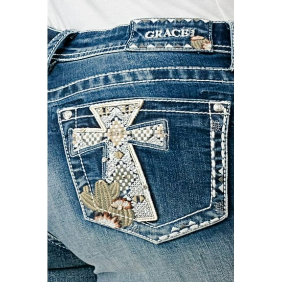 Grace in LA Women's Western Cactus Cross Embroidered Stretch Bootcut Jeans (25, Blue)