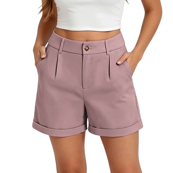 Caywon Women's High Waist Pleated Front Shorts with Pockets, Rolled Hem Casual Workwear Bottoms for Office, Vacation, and Summer Everyday Wear
