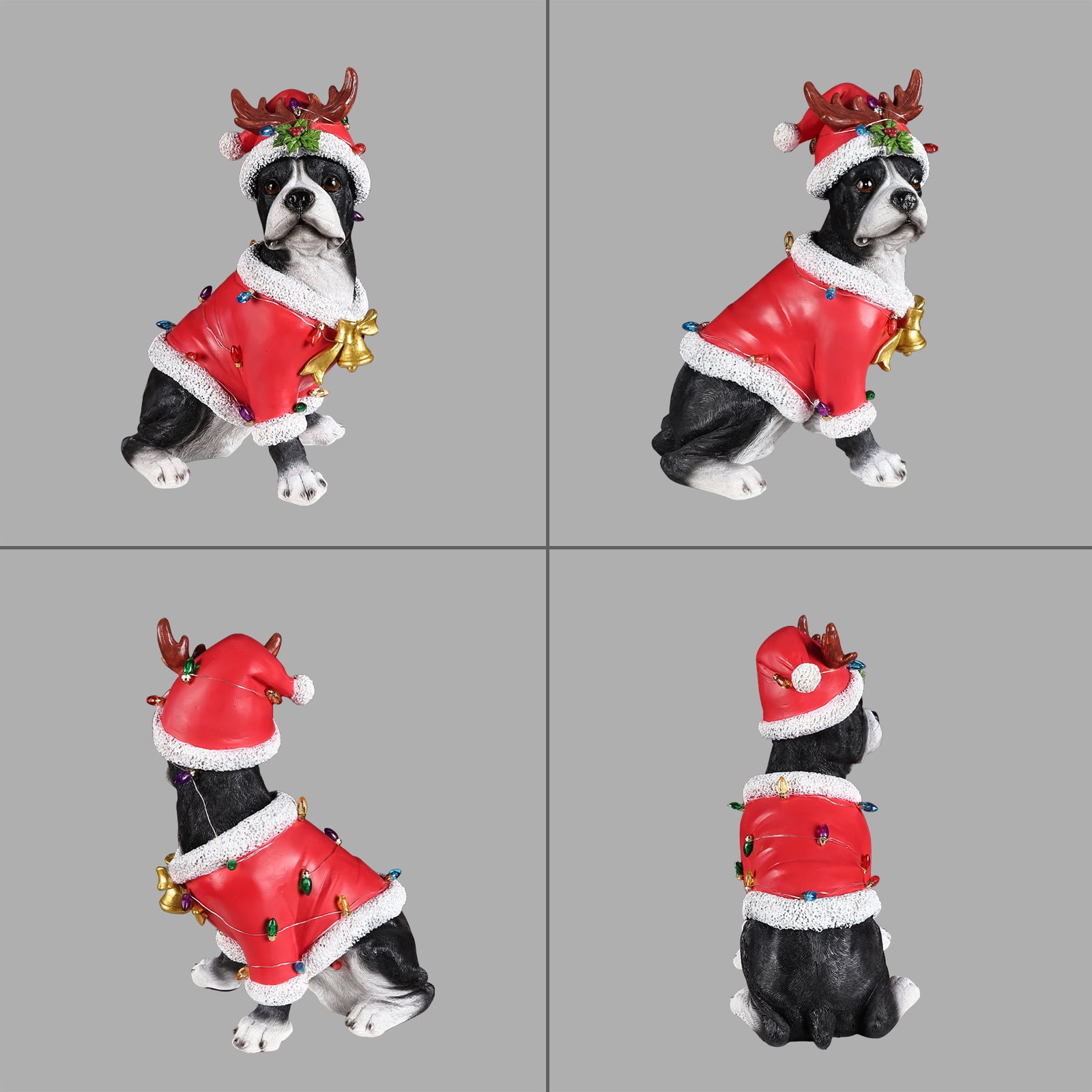 Boston Terrier Christmas Dog Statue with Santa Outfit Reindeer Antlers Holly Accents Tabletop Decor