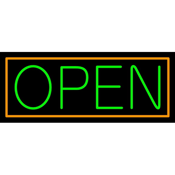 Green Open With Orange Border LED Neon Sign 13 x 32 - inches, Clear Edge Cut Acrylic Backing, with Dimmer - Bright and Premium built indoor LED Neon Sign for storefront.