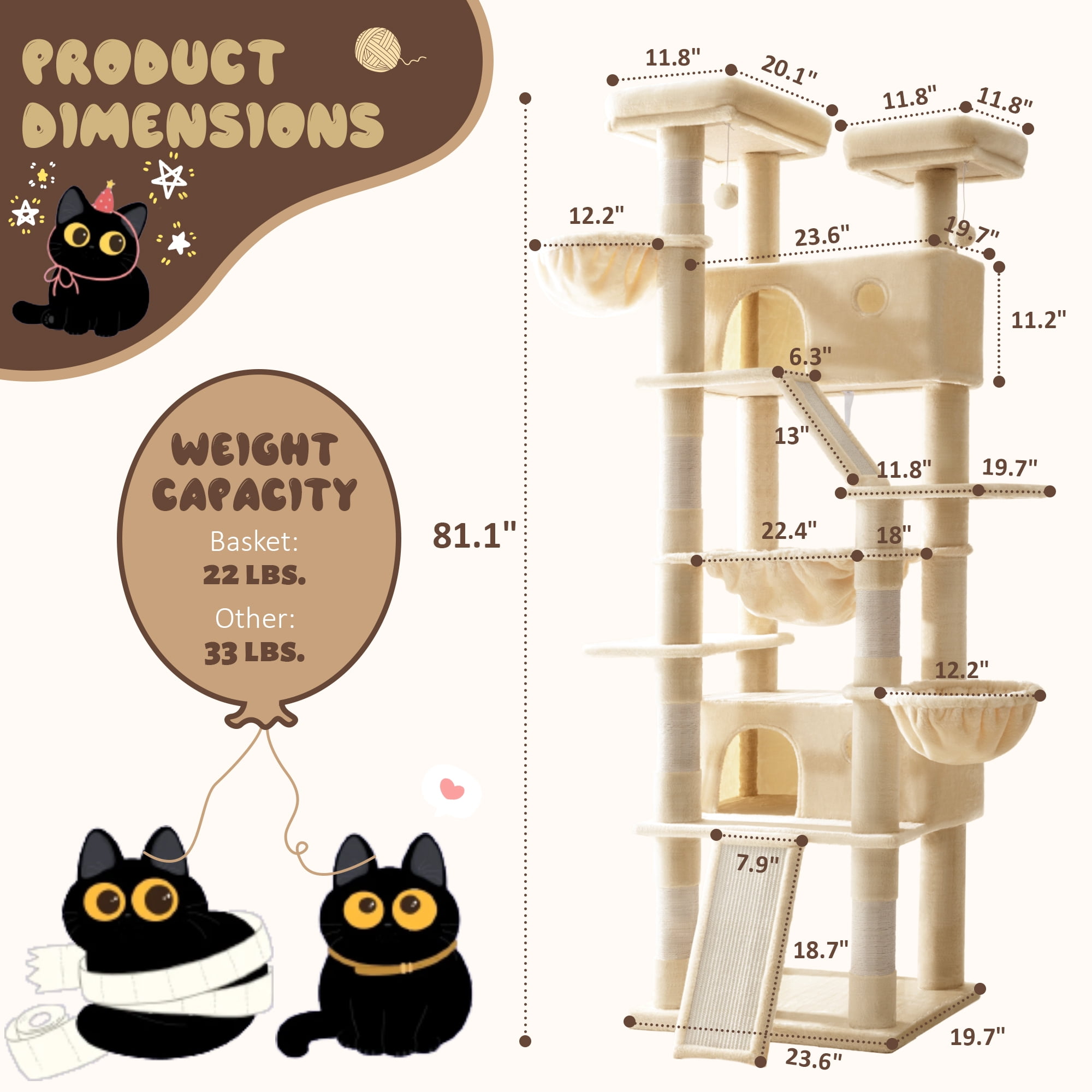 Amolife 81" Large Cat Tree Tower for Large Cats with Cat Condo Hammock, 2 Scratching Ramps, 6 Scratching Posts, Beige