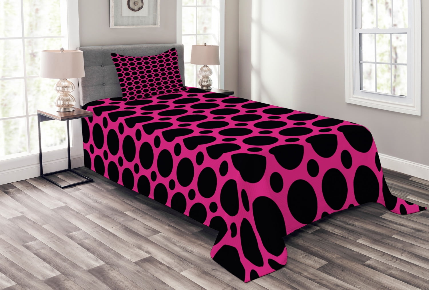 Hot Pink Bedspread Set Twin Size, Big and Small Dots Spots in