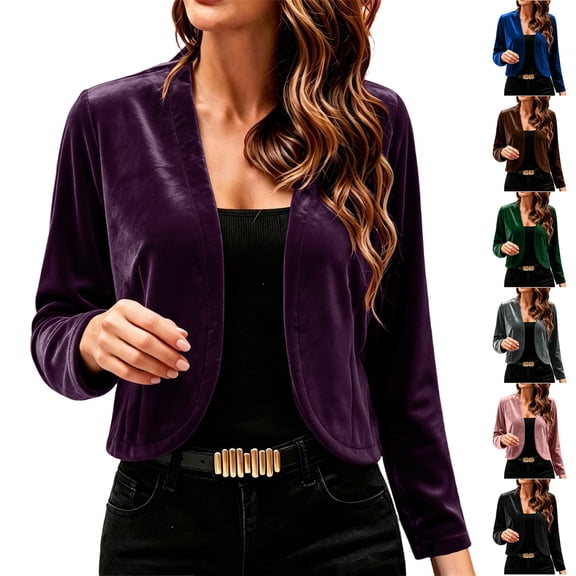 Yyeselk Women's Long Sleeve Velvet Shrug Cardigans Cocktail Party Open Front Elegant Cropped Bolero Cardigan Top Blue XXXL
