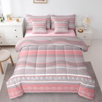 Castle Fairy Geometric Stripes 7-Piece Twin Bedding Sets for Men Women,Bohemian Damask Bedding Comforter Set,Minimalist Theme Breathable Sheet Sets,Microfiber Bedroom Decor