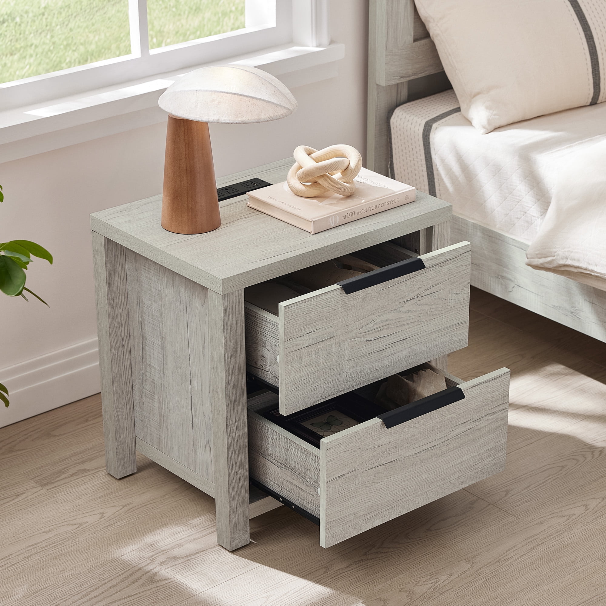 Spruce & Spring Farmhouse Nightstand with 2 Drawers, USB & Type-C Port and Power Outlets