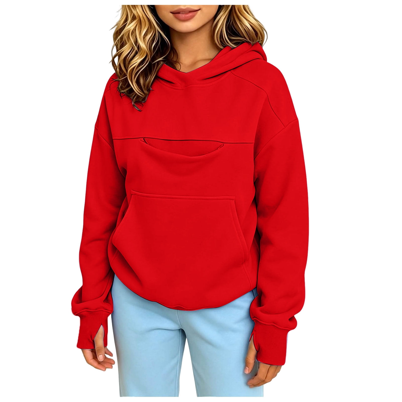 Hoodie with Pet Pocket for Girls Casual Solid Color Long Sleeve Pet Pocket Hooded Sweatshirt Fall Winter Soft Thicken Hooded Pullover Tops 15-16 Years