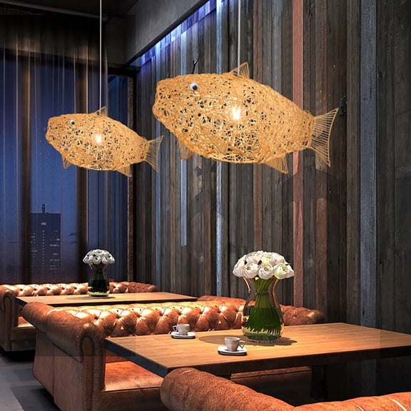 Rattan Pendant Light, Fish-shaped, 2700K, 9W LED E26 Bulb, Hanging Ceiling Lamp Fixture 110V