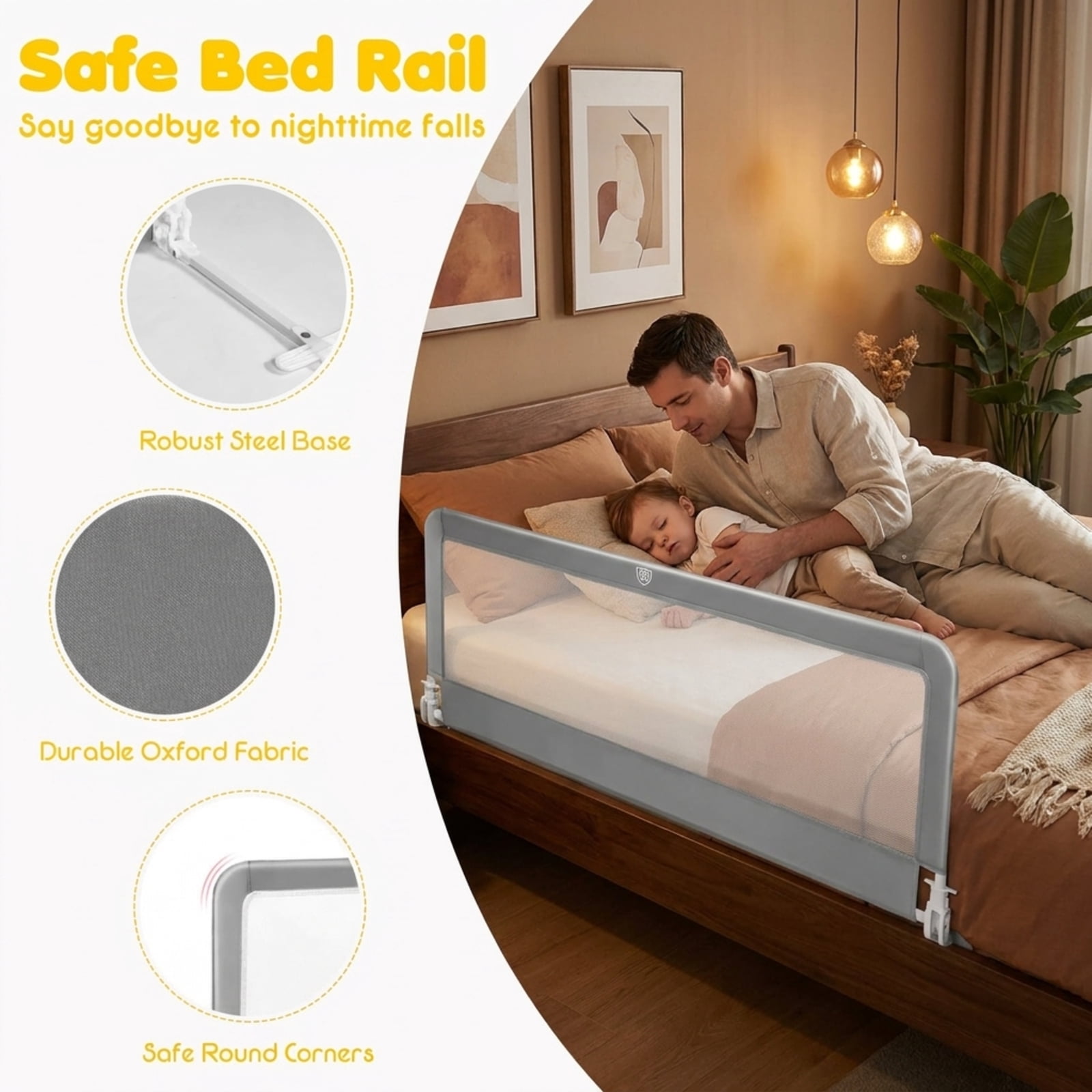 SUGIFT 59 Inch Folding Bed Side Rails Guard with Swing Down Access Breathable Mesh Panel Adjustable Safety Strap Reinforced Crossbar and Removable Washable Cover, Gray