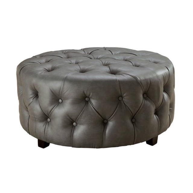 Furniture of America Aviles Faux Cuir Rond Pouf Tufté en Gris
