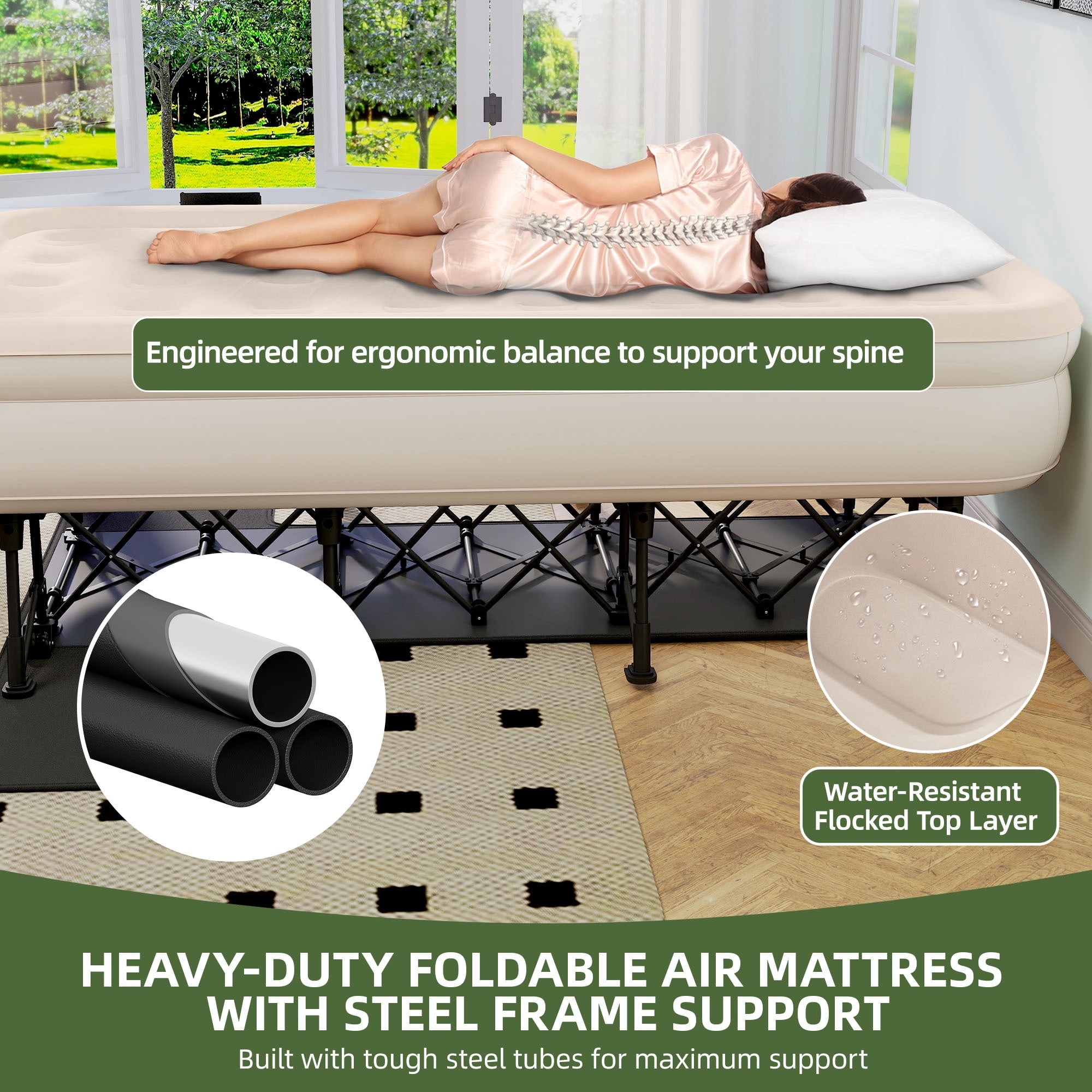 Uforic Twin Inflatable Air Bed with Folding Frame and Rolling Bag, Built-in Pump Blow Up Mattress, Portable Air Mattress for Camping, Guest Room and Travel, 75 x 39 x 24 Inches, Brown