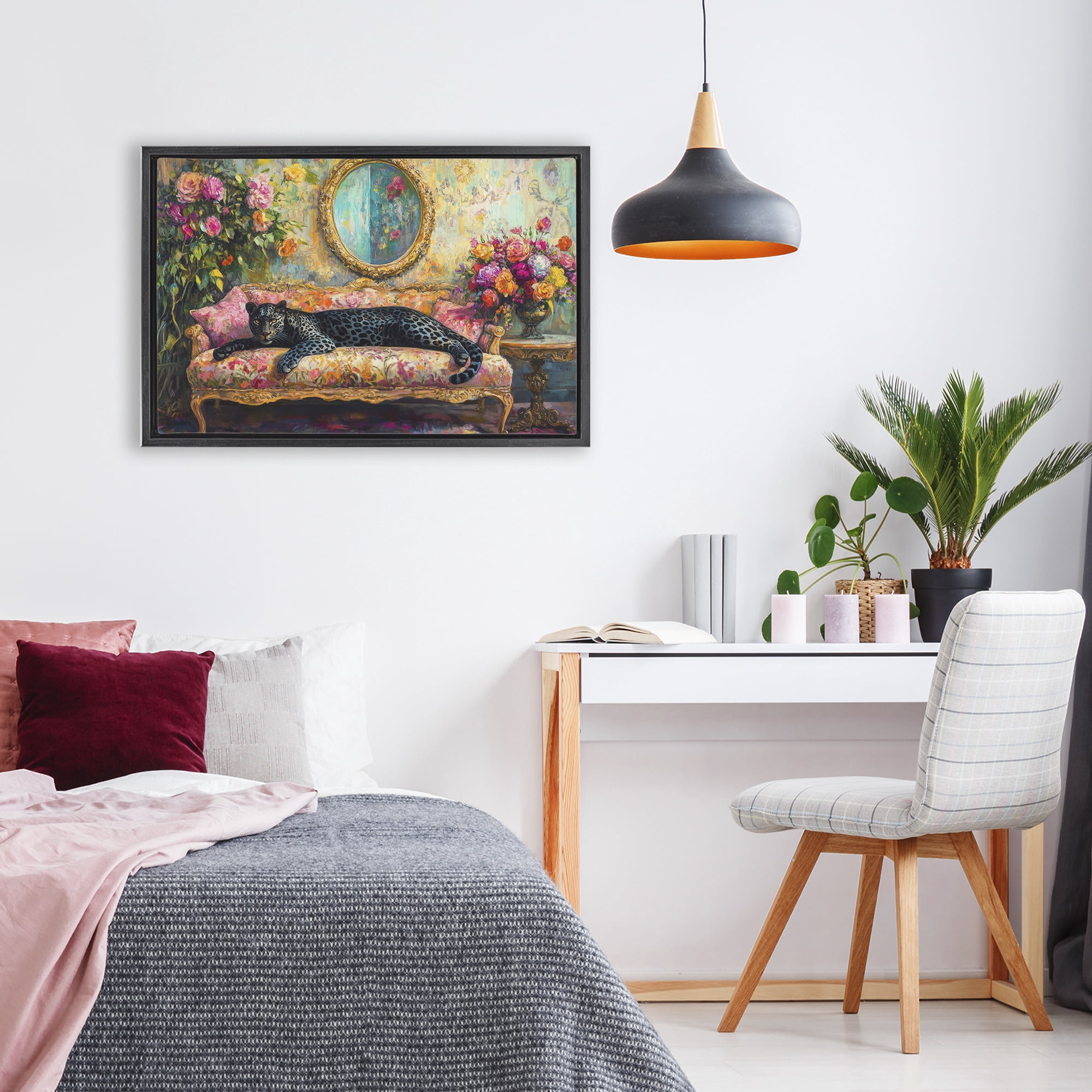 Stupell Industries Lounging Leopard on Floral Sofa Black Framed Floater Canvas Wall Art, design by Petal Prints Design