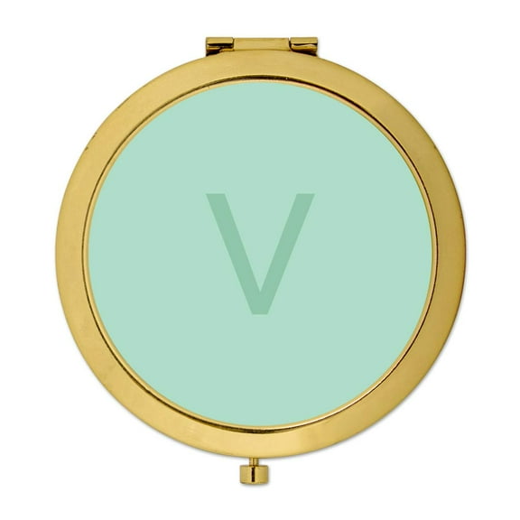 Koyal Wholesale Gold Compact Mirror Bridesmaid's Wedding Gift, Modern Mint Green, Monogram Letter V, 1-Pack