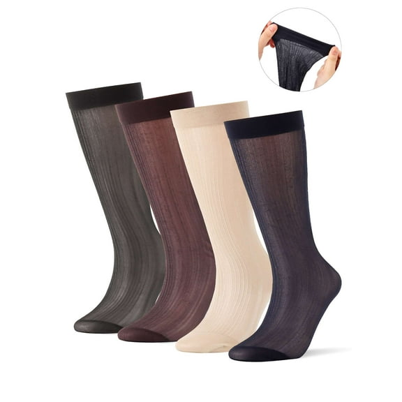 Gustave 4 Pairs Mens Sheer Dress Socks Ultra Thin Silk Business Socks Summer Breathable Striped Transparent Crew Socks "Black & Coffee & Navy & Khaki"