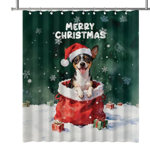Santa Surprise Gift Rat Terrier Merry Cheerful Christmas Shower Curtain Ratty Dog Lover Waterproof Bathroom Bathtub Curtain - 12021