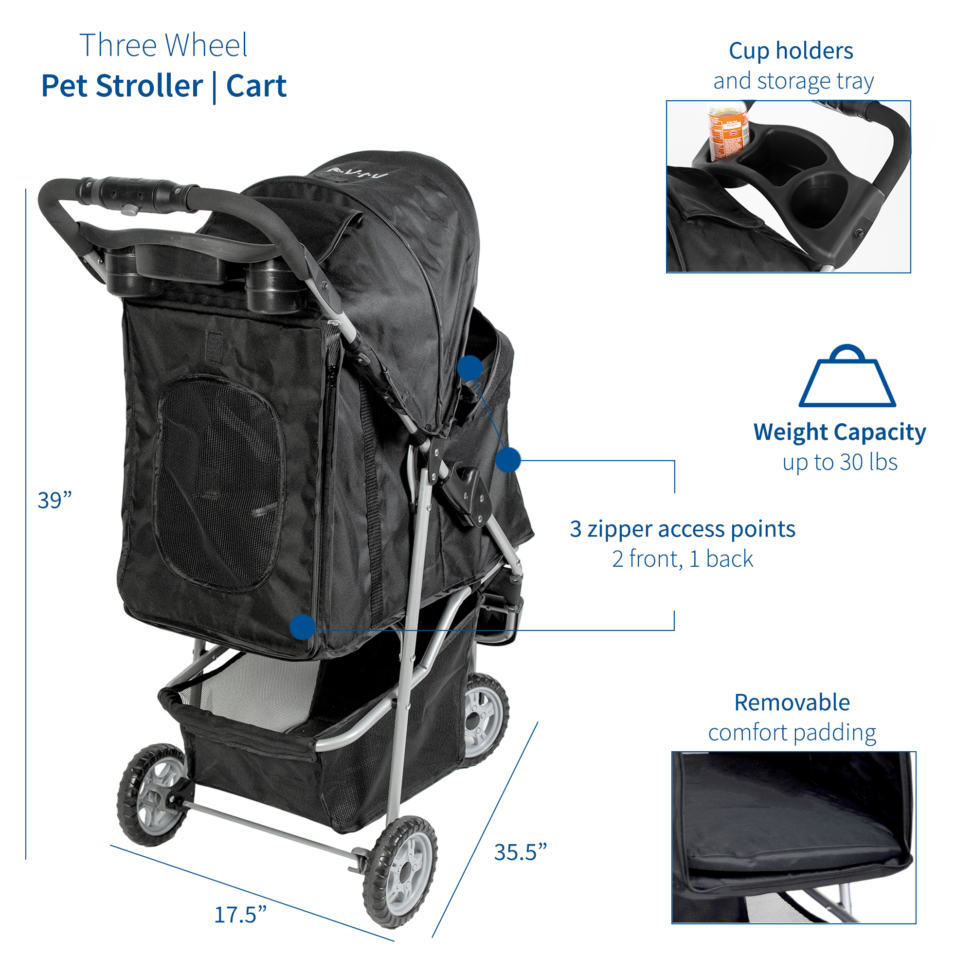 VIVO Black 3 Wheel Pet Stroller / Cat & Dog Foldable Carrier Strolling Cart - image 2 of 6