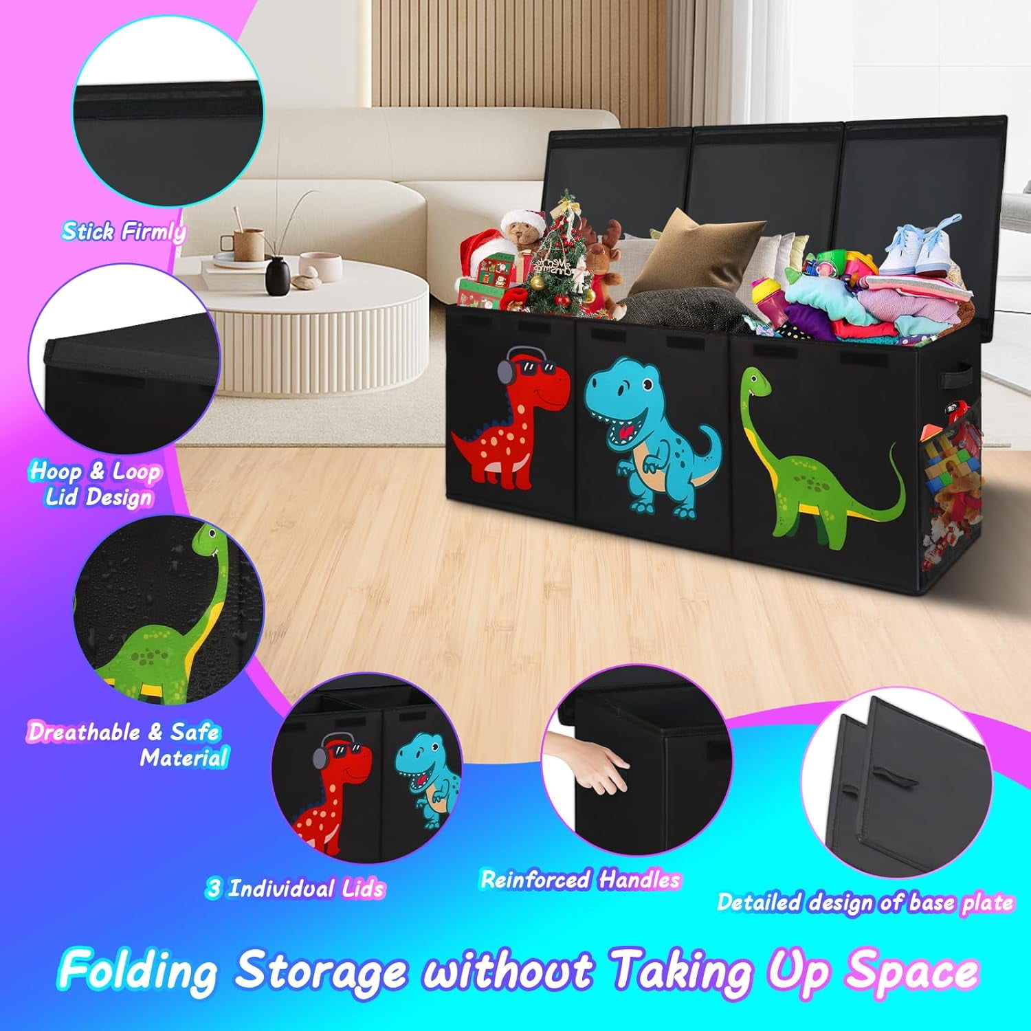 Toy storage box with lid, dinosaur toy box, unisex, 40" x 16" x 16" size, suitable for living room, playroom, bedroom, nursery.