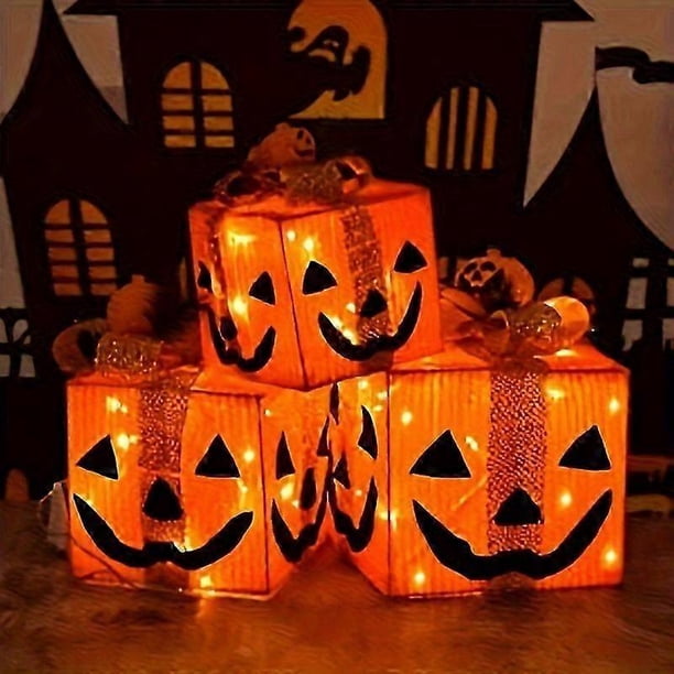 3 Pack Halloween Pumpkin Light-Up Gift Box Set - Battery Operated, Indoor/Outdoor Decor For Holiday Parties & Home Yard Decorations