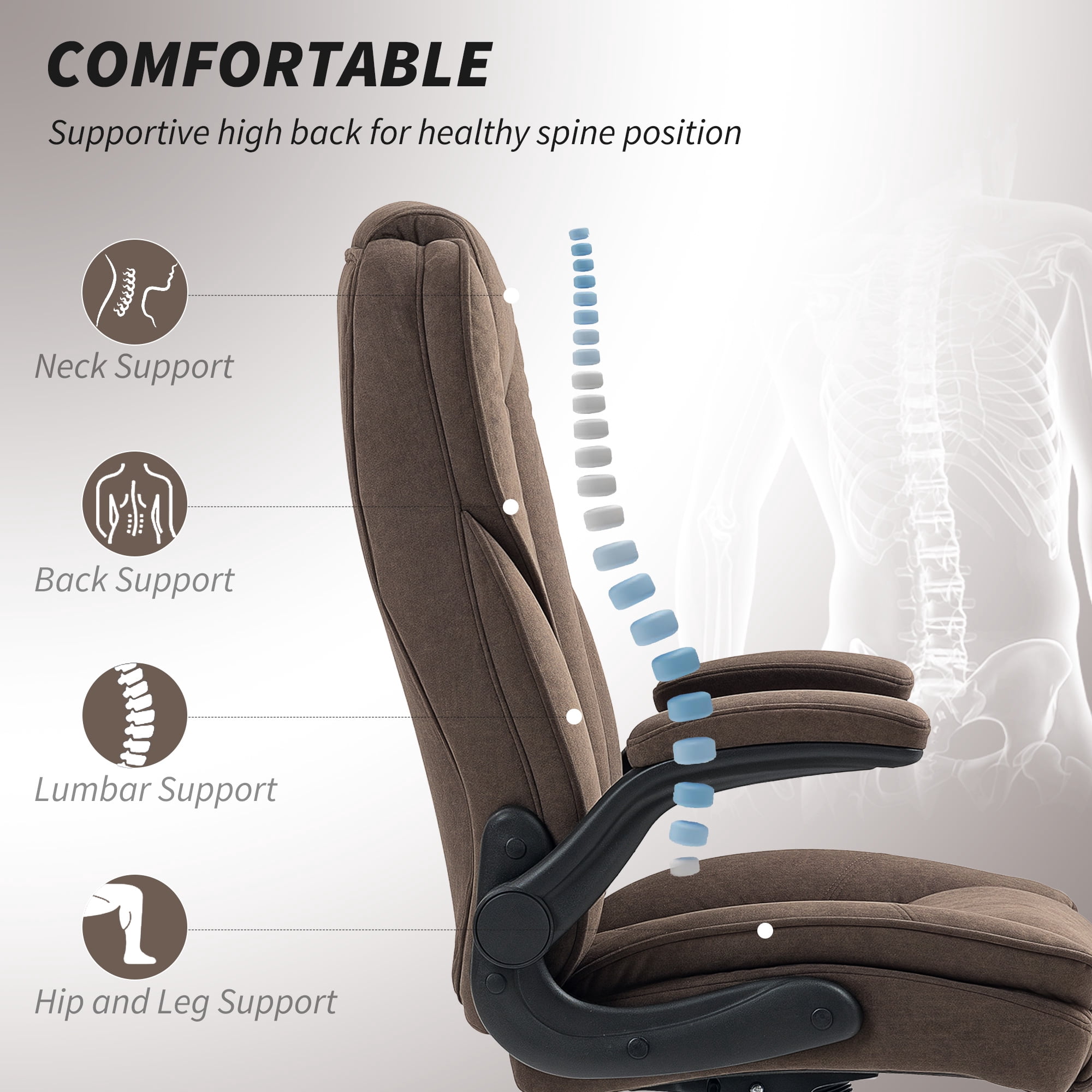 HOMCOM Executive Office Chair, Fabric Comfy Computer Desk Chair with Swivel Wheels, Flip-up Armrest, Adjustable Height, Dark Brown