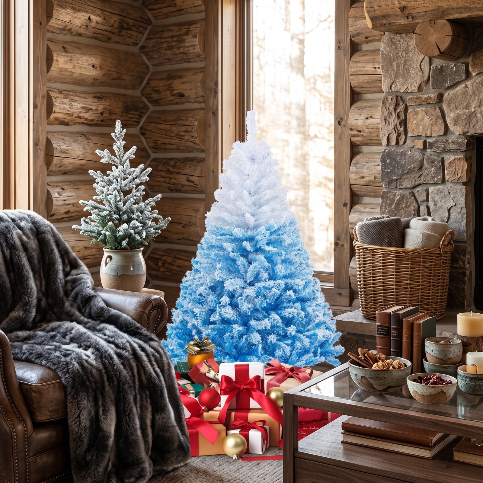 RUIE 5FT Artificial Christmas Tree, 456 Branch Tips Snow-Flocked Gradient Pine Xmas Tree with Folding Metal Stand for Home Office Holiday Decor, White & Blue