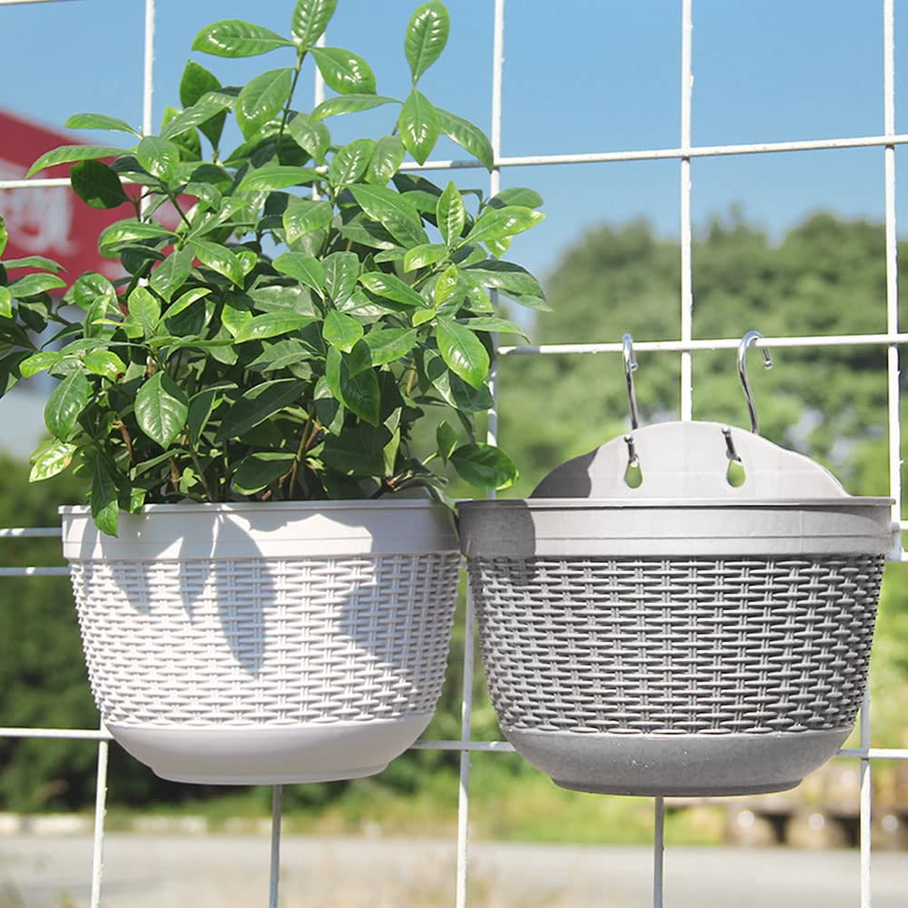 Set of 2 Pcs Hanging Planters Outdoor Hanging Basket Plastic Flower Pot Plants Holder Hanger for Balcony Fence Wall Mounted