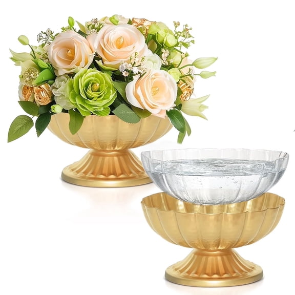 Gold Flower Vases for Centerpieces with Plastic Liner, Vintage Compote Bowl Vase for Wedding, 4" Small Pedestal Table Centerpieces, Metal Urn Home Decor, Set of 2