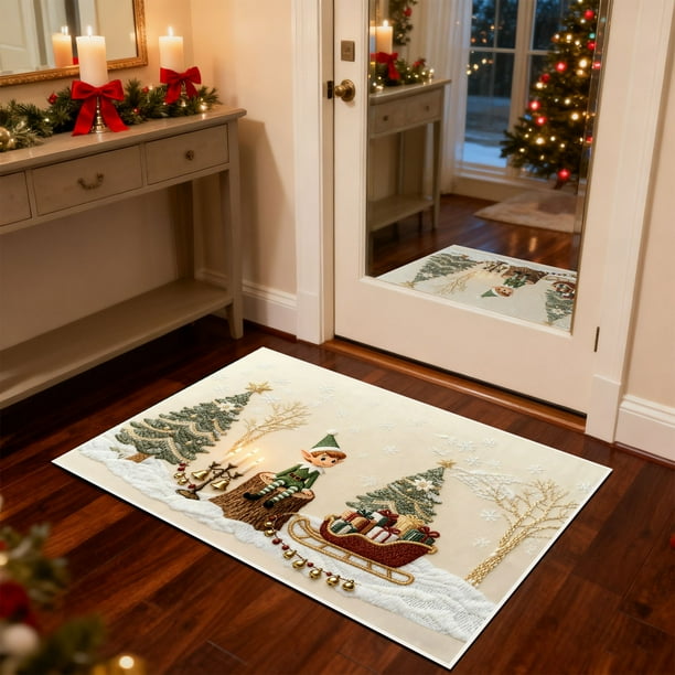 Christmas Stereoscopic Embroidery Style Carpet Entrance Door Mat Household Absorbent Nonslip Foot Mat Dirt Proof Mat Bathroom Nonslip Mat Size 15.7x23.6 In