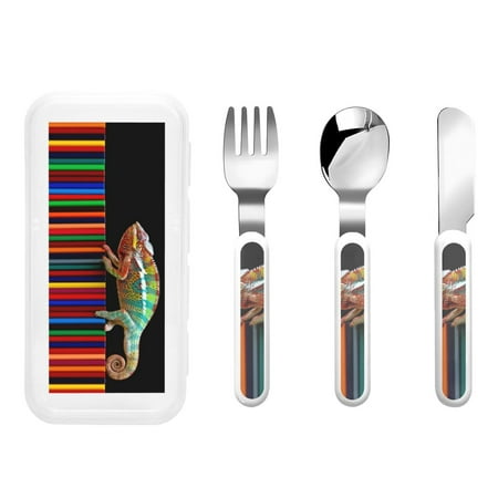 

Gaeub Chameleon Panther On Colored Pencils Print 3-Piece Children Knife Spoon Fork Set Stainless Steel Child Flatware Set Kids Utensils Set with Case for Lunch Box (Fork Spoon Knife Combo)