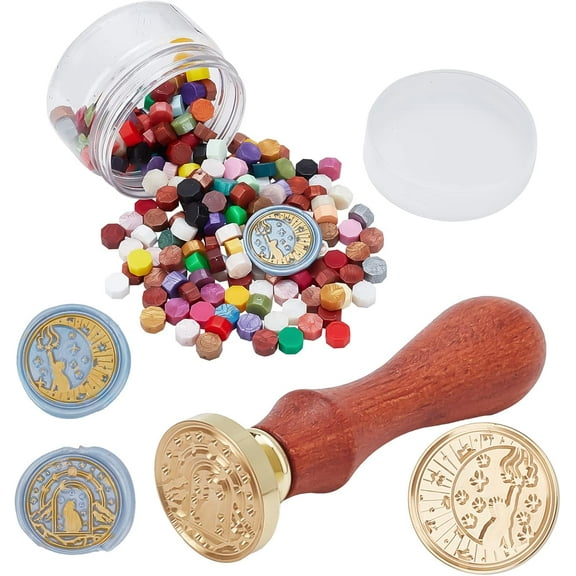 1 Set Wax Seal Kit 210PCS Sealing Wax Beads Mixed Colours with 2PCS Cat Wax Seal Stamp Heads and 1 Piece Wooden Handle for Christams Invitation Cards Gift Decoration