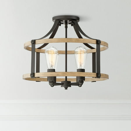 

Franklin Iron Works Buford Rustic Farmhouse Ceiling Light Semi Flush Mount Fixture 18 Wide Faux Wood Black 4-Light for Bedroom Kitchen Living Room