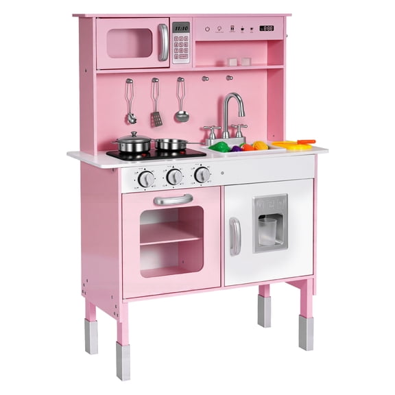 KFFKFF Wooden Play Kitchen for Kids, Pretend Cooking Set with Lights & Sounds, Includes Food & Cookware, Features Microwave, Oven, Clicking Knobs, Ideal for Ages 3-8, Pink