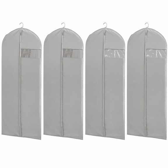 4 Pack Grey Garment Bags, 23.6 x 65.0 in, Dustproof Moisture Resistant Hanging Clothes Covers with Clear Window