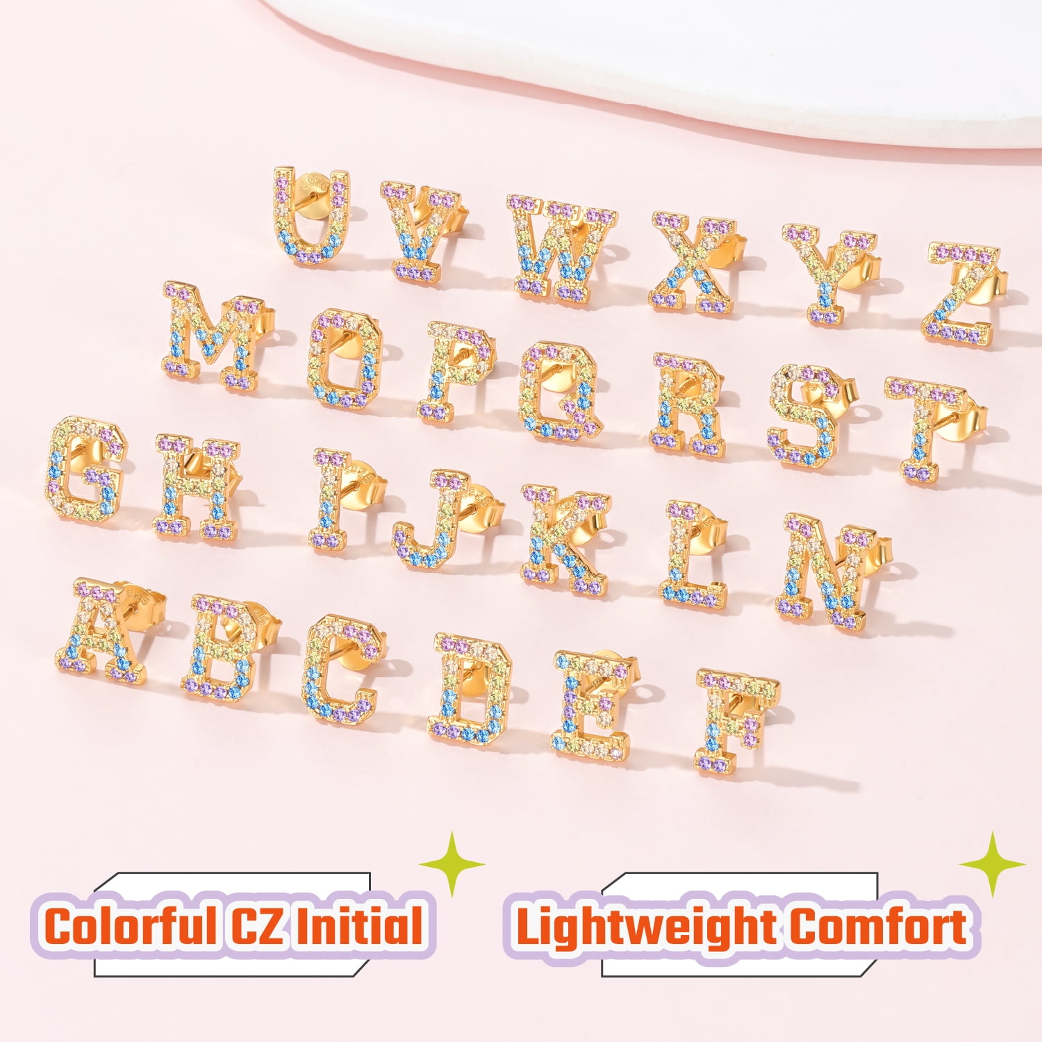 Just Being Cute Initial Earrings for Women Rainbow Cubic Zirconia Letter Stud Earring Hypoallergenic Alphabets M Studs Birthday Mothers Day Jewelry for Mom/Her with Gift Card