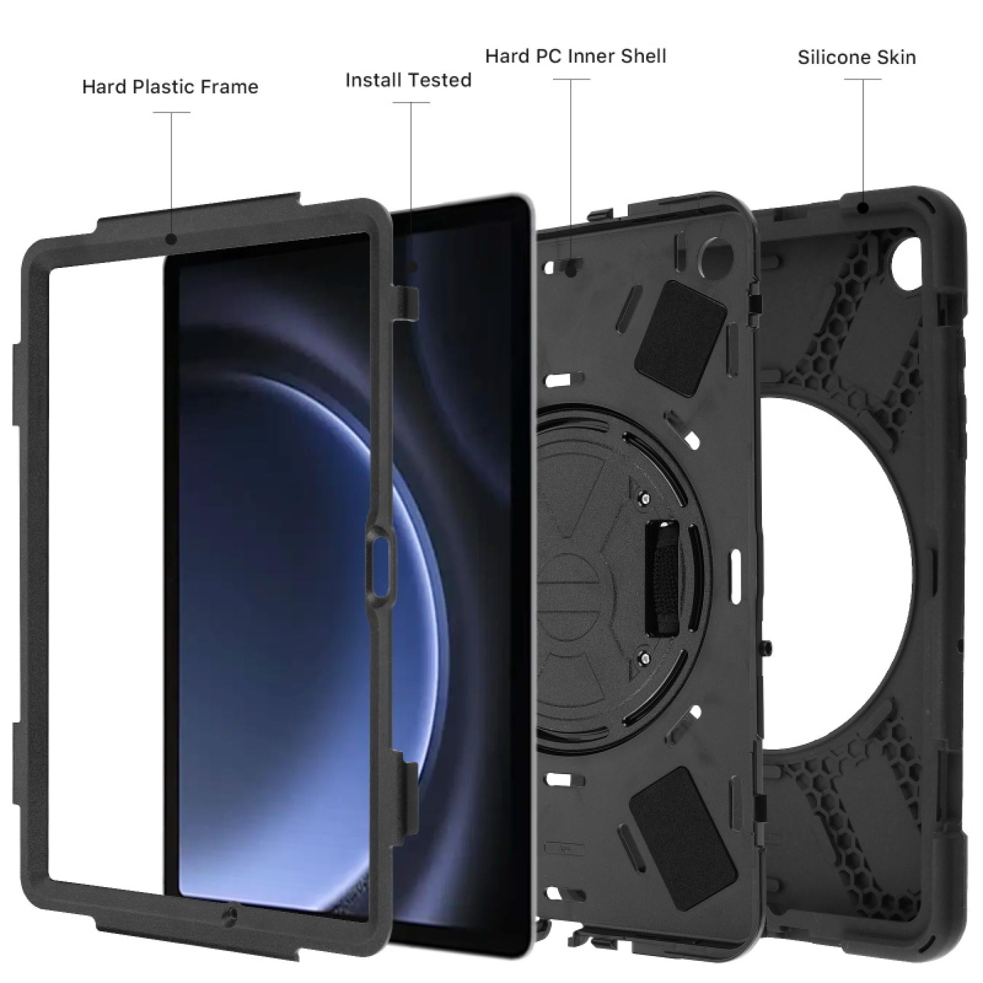 Rotatable Stand Heavy Duty Rugged Protector Case with Wristband for Samsung Galaxy Tab A9+ 5G – Black
