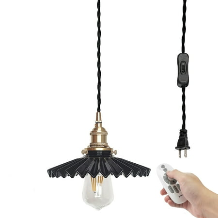 

FSLiving Remote Control Plug-in Swag Pendant Light with 15ft Black Twisted Cord Retro Ceramic Marble Black Shade Light Fixtures Dimmable Color Changimg Hanging Lamp for Kitchen Bar Island - 1 Light