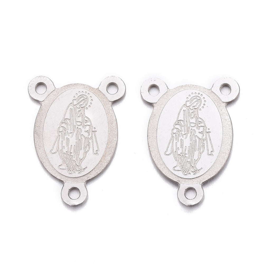 Tarnish Resistant 304 Stainless Steel Chandelier Component Links 3 Loop Connectors Oval with Virgin Mary Stainless Steel color 15x10x0.8mm Hole: 1.2mm
